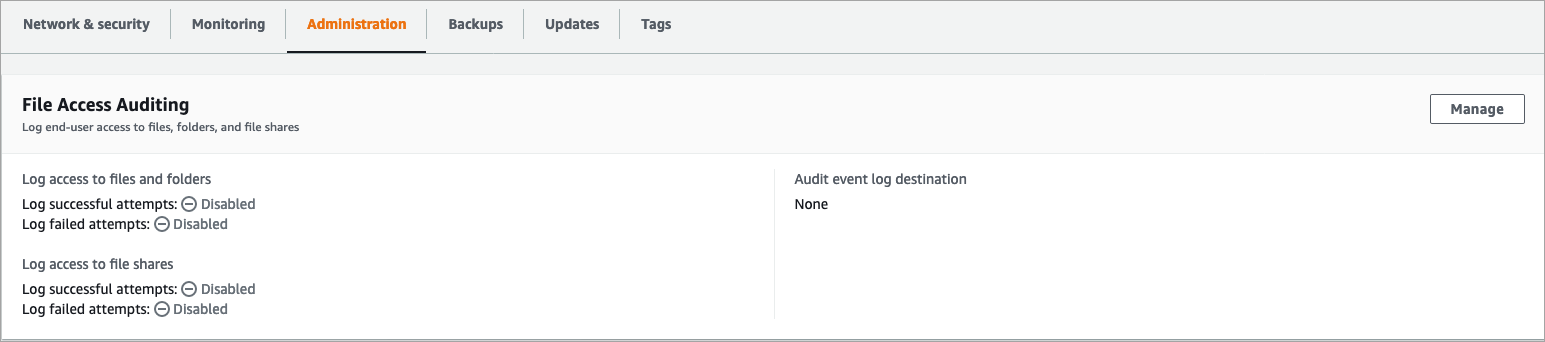 FSxconsole Panneau d'audit d'accès aux fichiers, qui montre la configuration de l'audit d'accès aux fichiers.