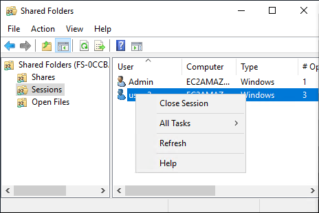 L'outil Dossiers partagés affiche les sessions utilisateur connectées à votre système FSx de fichiers Windows File Server.