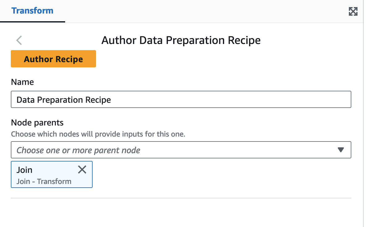 La capture d'écran montre le panneau Transform avec les champs pour les parents Name et Node, ainsi que l'option Author Recipe.