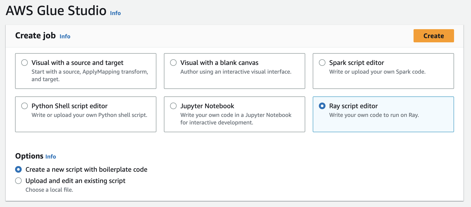 Une boîte de dialogue dans la console AWS Glue utilisée pour créer une tâche Ray.