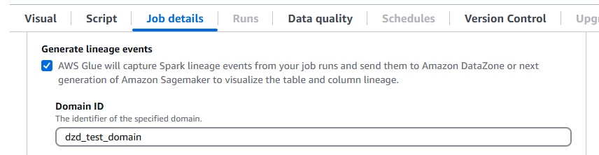 La capture d'écran montre l'activation du lignage des DataZone dates Amazon pour AWS Glue.