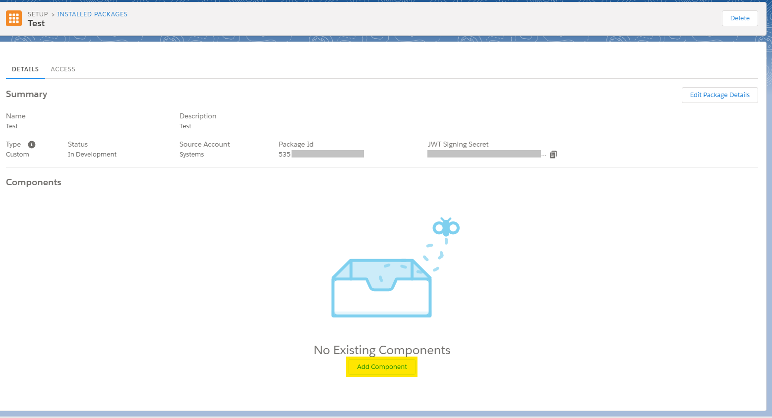 La capture d'écran montre comment ajouter un composant depuis la page Détails du package.