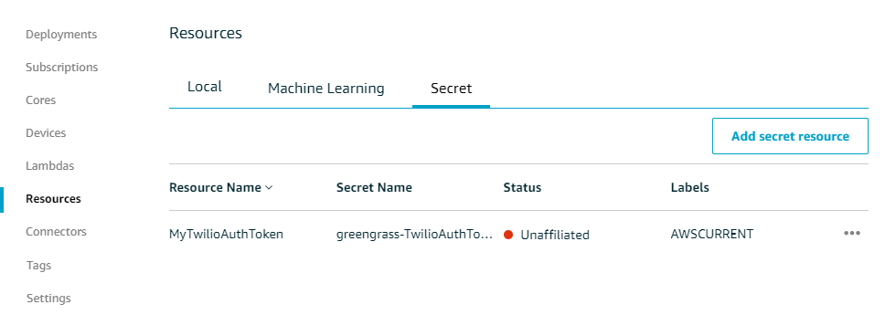 Une ressource de secret dans l'onglet Secret de la page Ressources.