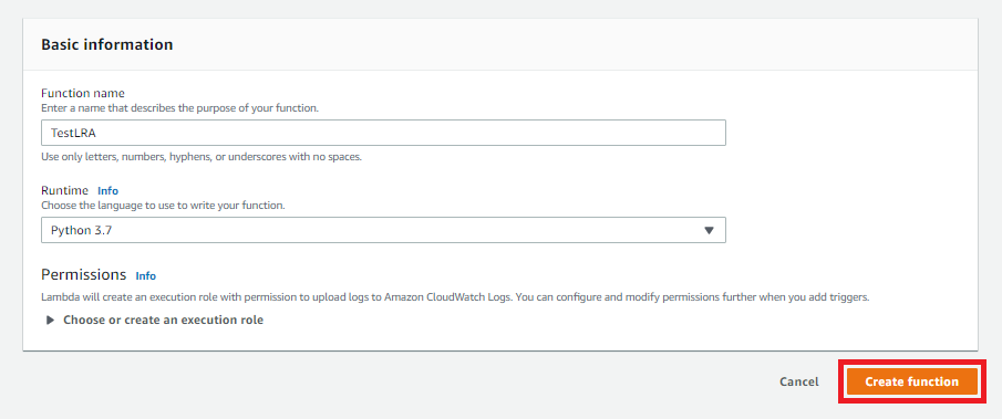 Page Créer une fonction avec l'option Créer la fonction mise en évidence.