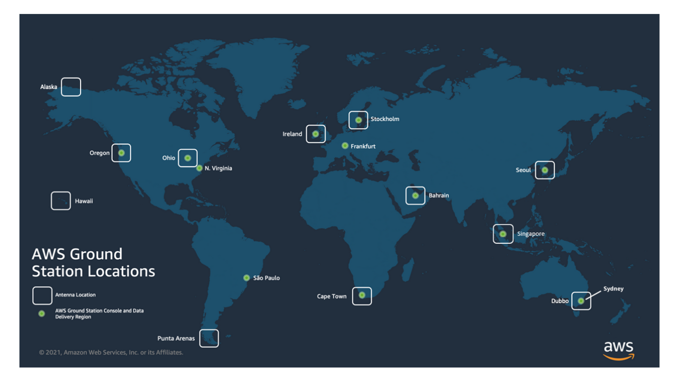 World map showing AWS Ground Station locations with antenna and data delivery regions marked.