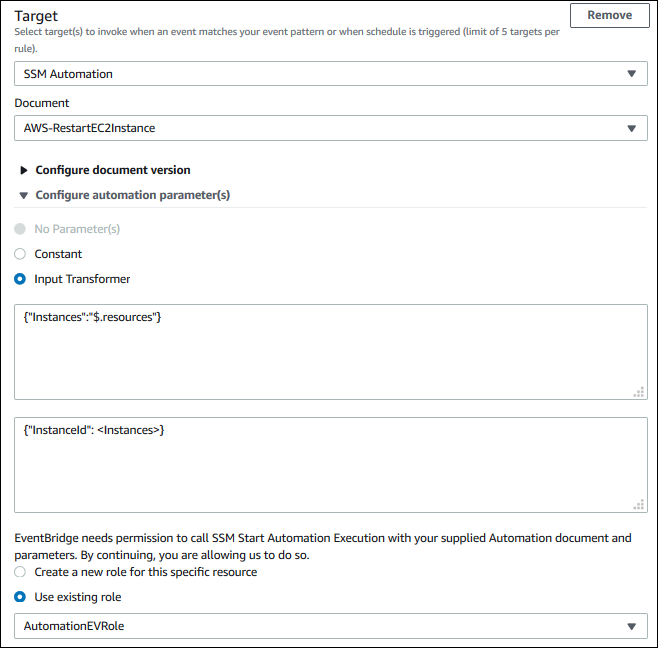 Capture d'écran de l'exemple « SSM Automation » dans la EventBridge console.