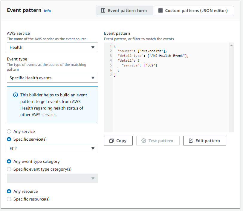 Capture d'écran expliquant comment créer une EventBridge règle pour tous les EC2 événements Amazon uniquement.