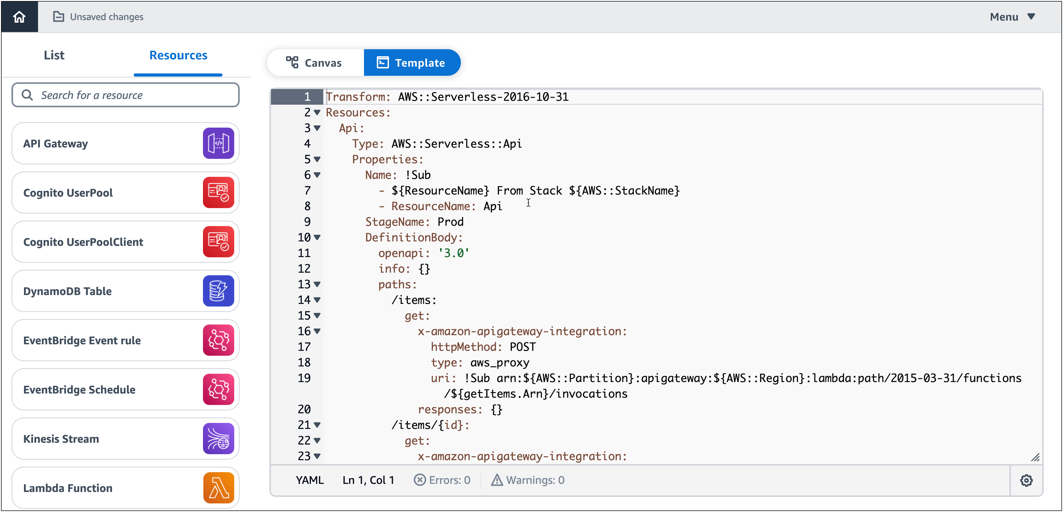 Vue du modèle Infrastructure Composer d'une API passerelleAPI, d'une fonction Lambda et d'une table DynamoDB.