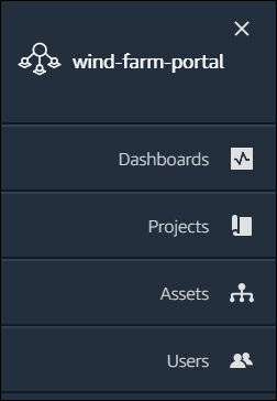 La barre de navigation du portail AWS IoT SiteWise Monitor.