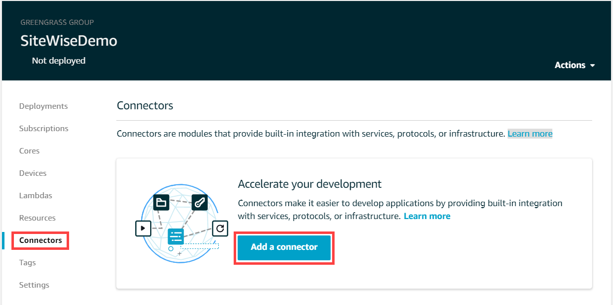 AWS IoT Greengrass Capture d'écran de la page « Connecteurs ».