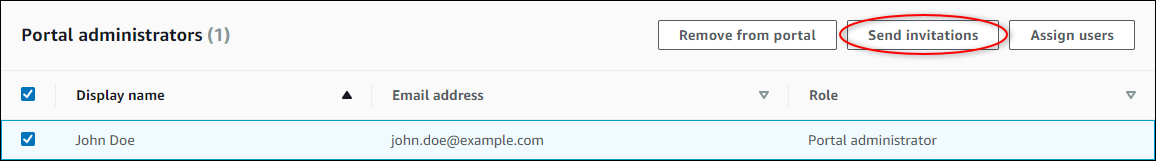 Section « Administrateurs de portail » de la page de détails du portail avec mise en évidence de l'option d'envoi d'invitations.