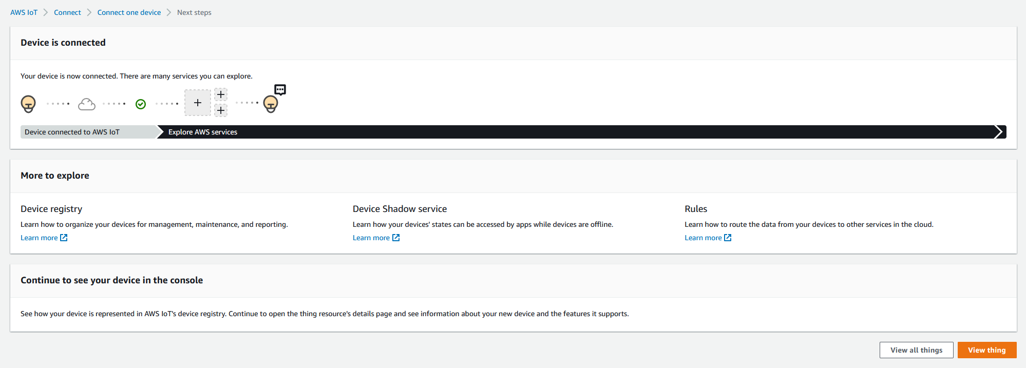 AWS IoT page de résumé du démarrage rapide de la console.