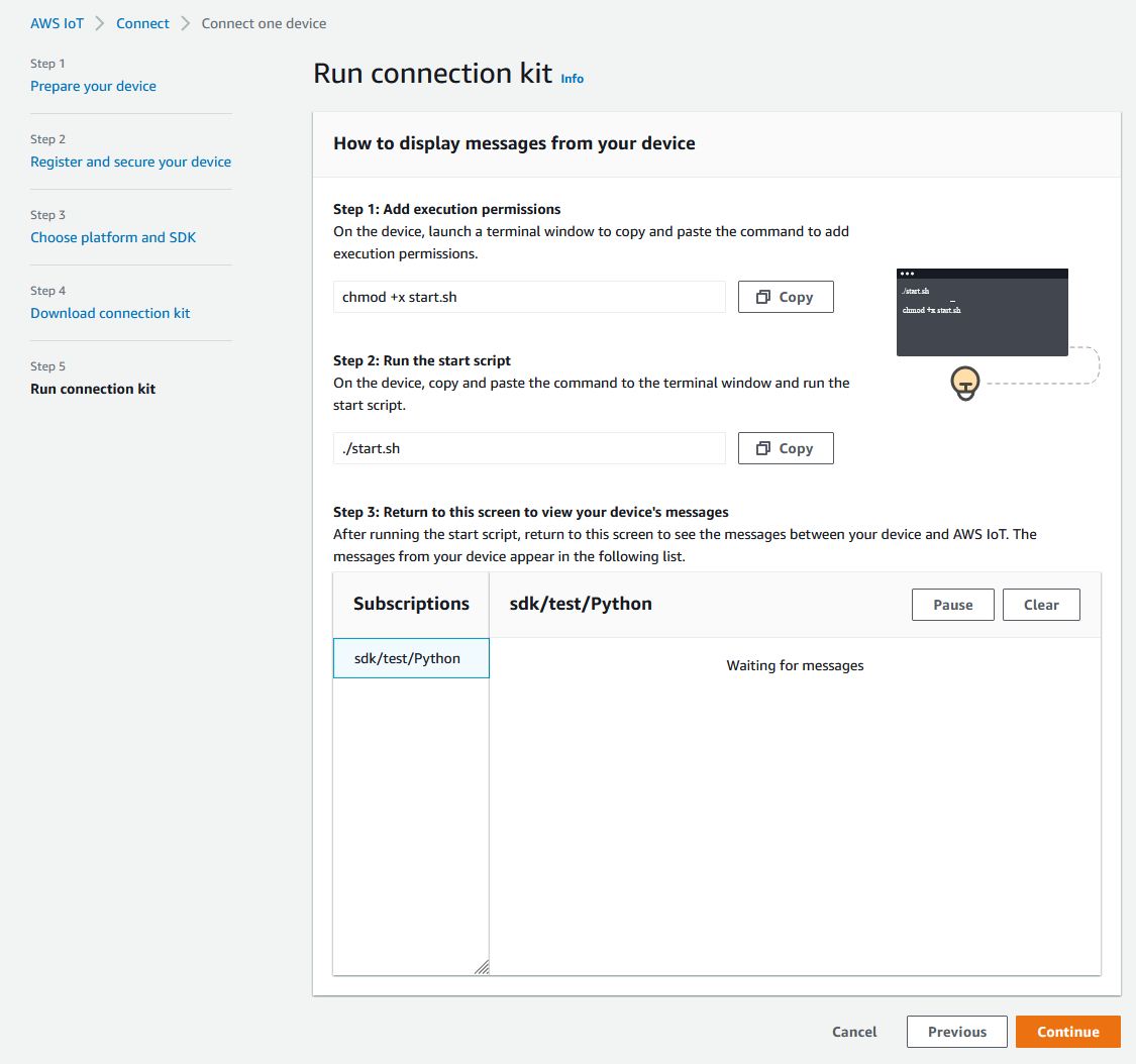 AWS IoT page de démarrage rapide, d'installation et d'exécution de la console.