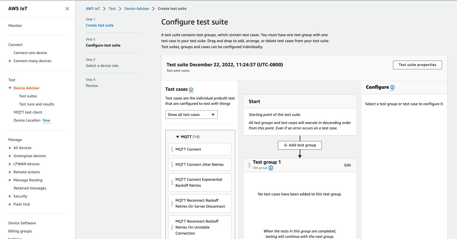 Page de configuration de la suite de tests qui indique les étapes de création d'une suite de tests avec des groupes de tests et des cas pour tester des appareils IoT.