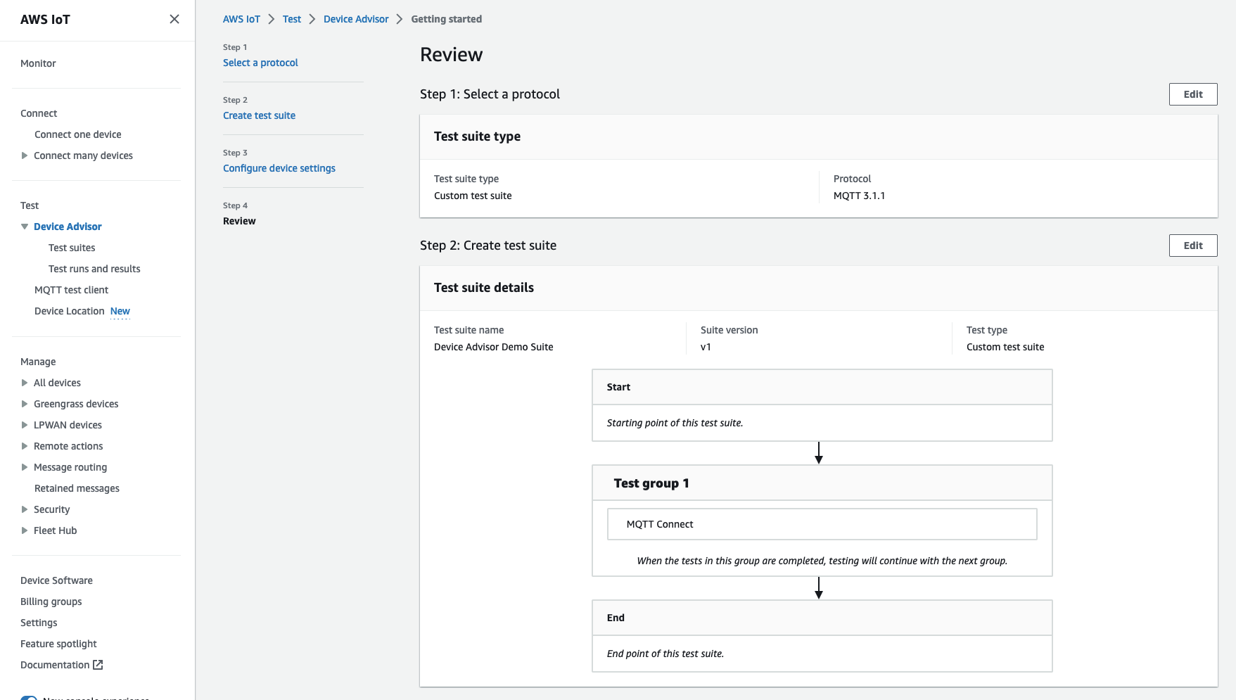 Console de configuration de l'appareil qui affiche les détails du rôle de l'appareil, le point de terminaison de test et les options d'annulation, de retour en arrière ou d'exécution.