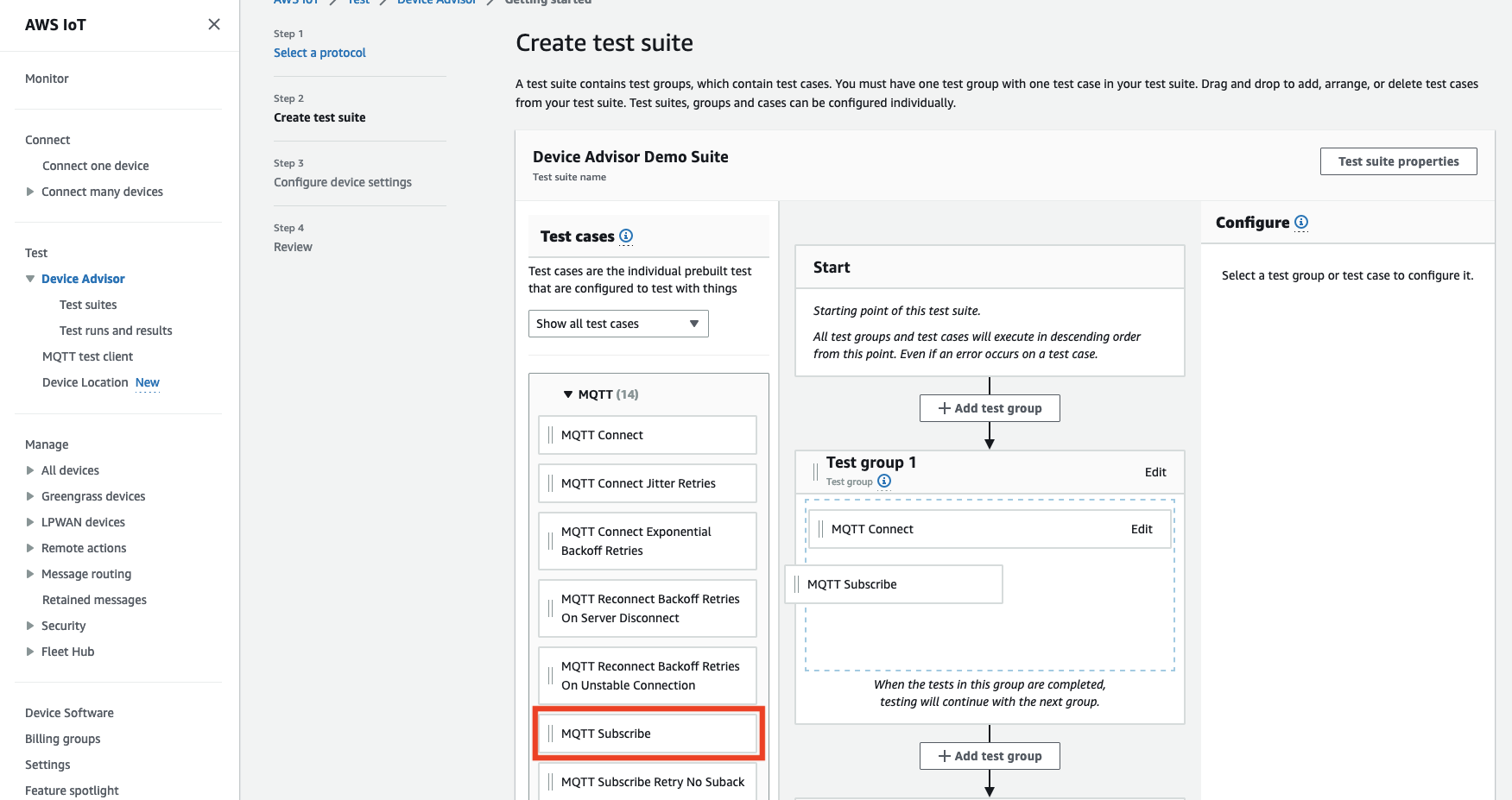 L'interface « Créer une suite de tests » où les utilisateurs peuvent configurer des groupes de test et des cas de test pour les tests du protocole MQTT sur les appareils IoT.