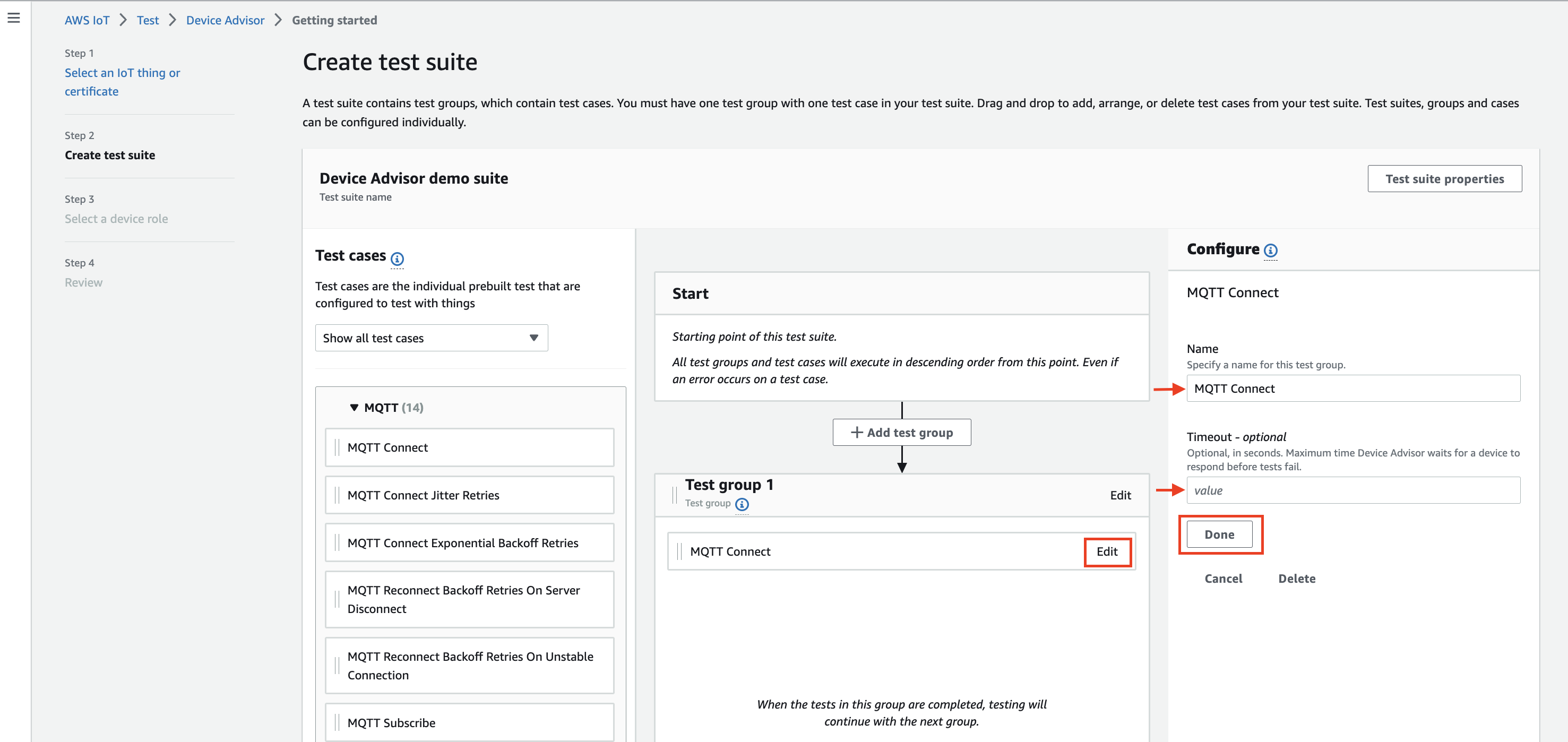 L'interface « Créer une suite de tests » qui affiche les options permettant de configurer une suite de tests, des groupes de tests et des cas de test individuels pour tester les appareils IoT.