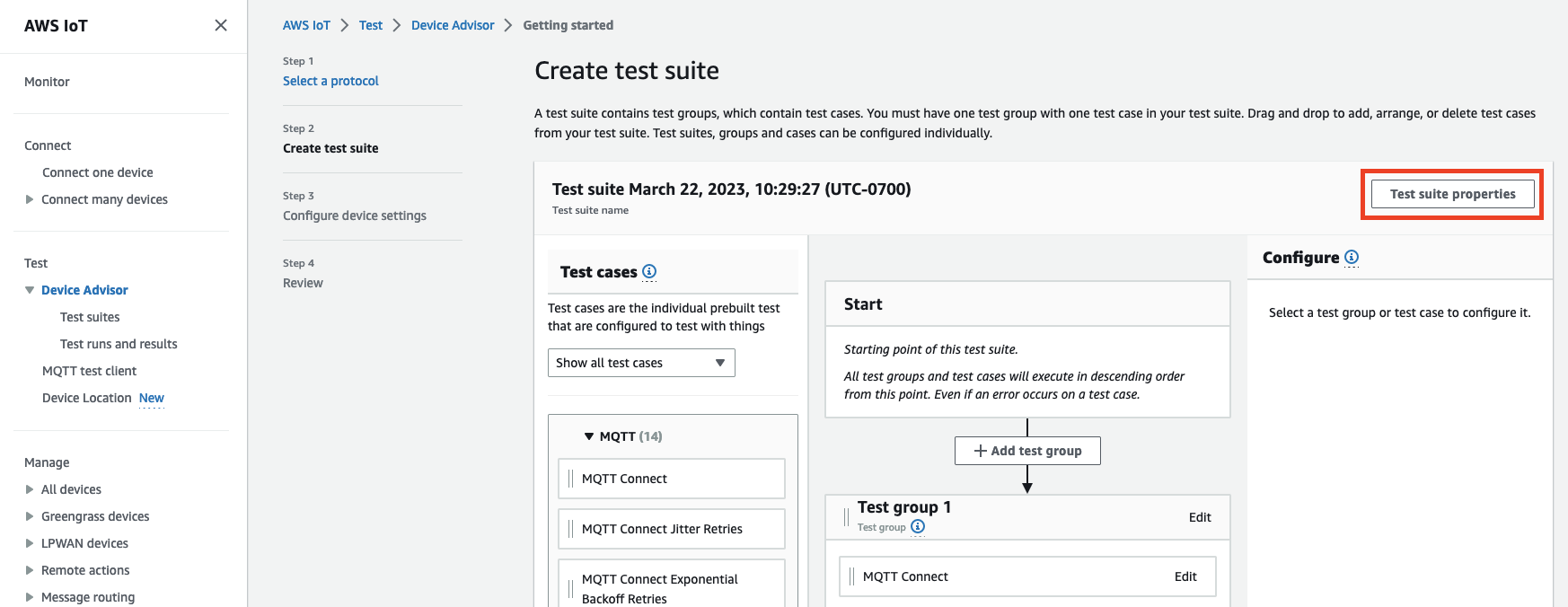 L'écran « Créer une suite de tests » dans Device Advisors, où les utilisateurs peuvent créer et configurer des groupes de test et des cas pour tester des appareils IoT avec le protocole MQTT.