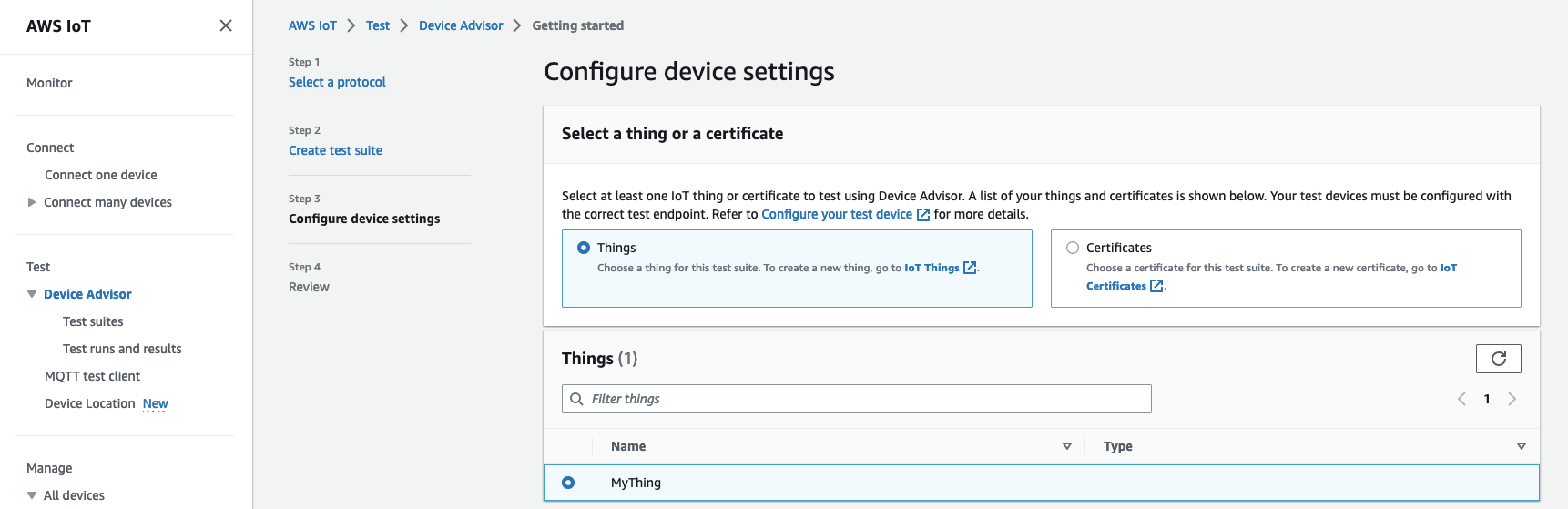 Les options de configuration qui incluent la sélection d'un protocole, la création d'une suite de tests, la configuration des paramètres de l'appareil et l'examen des essais et des résultats.