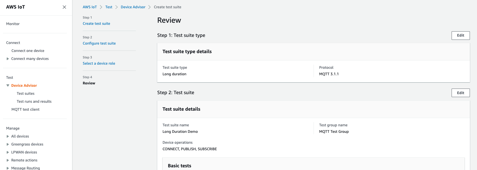 La page « Révision » où vous pouvez consulter tous les détails de la configuration de Device Advisor.