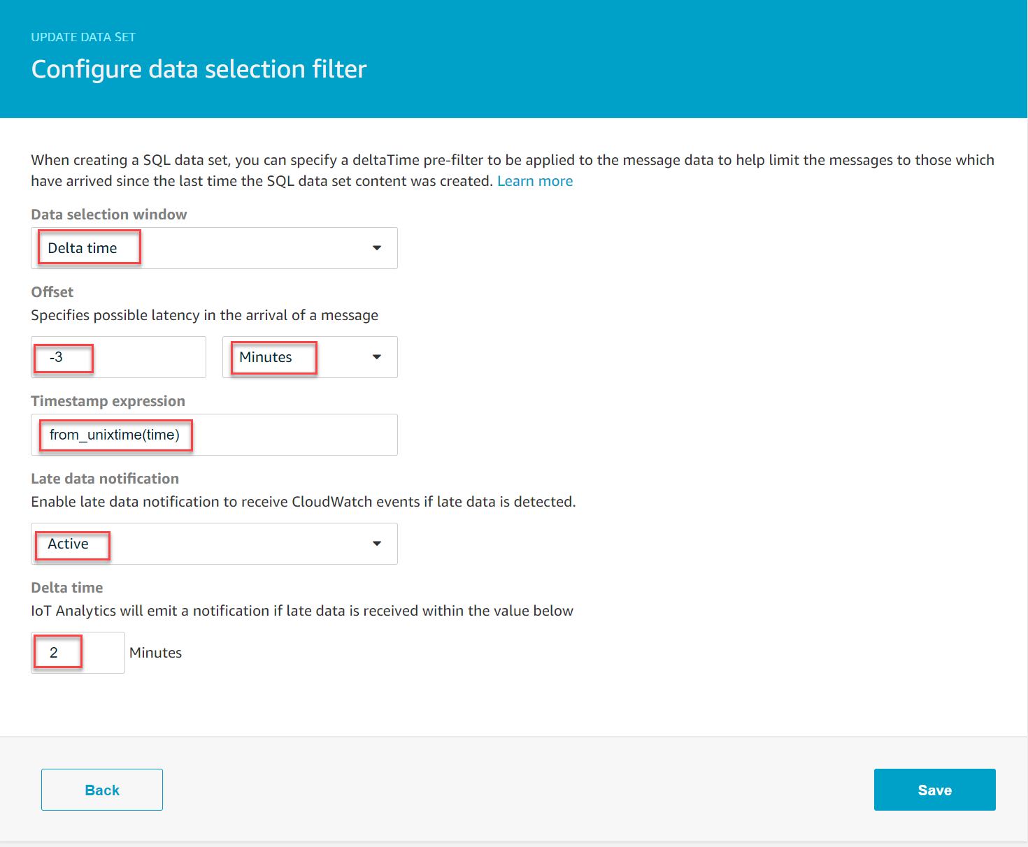 Configurez le filtre de sélection des données dans laAWS IoT Analytics console.