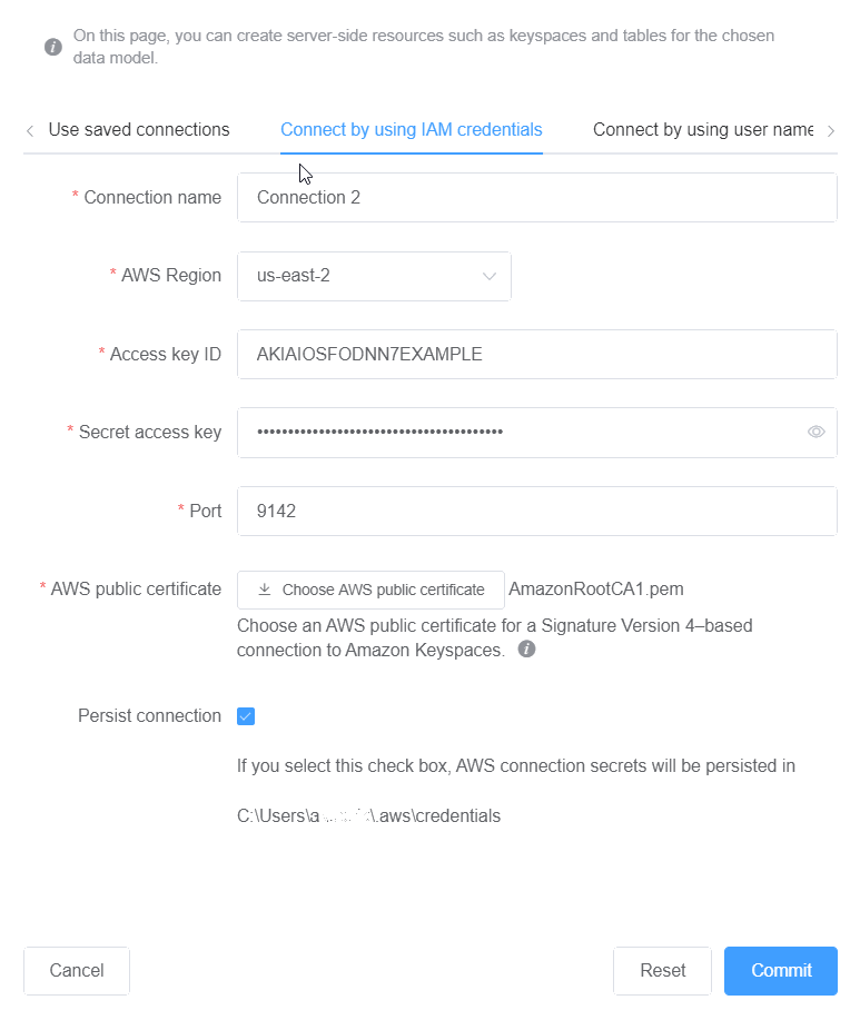 Capture d'écran de la console qui montre une connexion à Amazon Keyspaces à l'aide IAM d'informations d'identification.