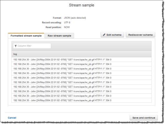 Capture d'écran de la console montrant l'onglet d'exemple de flux formaté avec le schéma intégré à l'application contenant la colonne log.