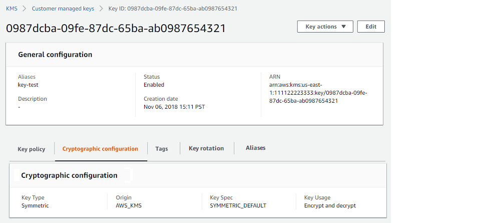 Clé gérée par le client details showing general configuration and cryptographic settings.