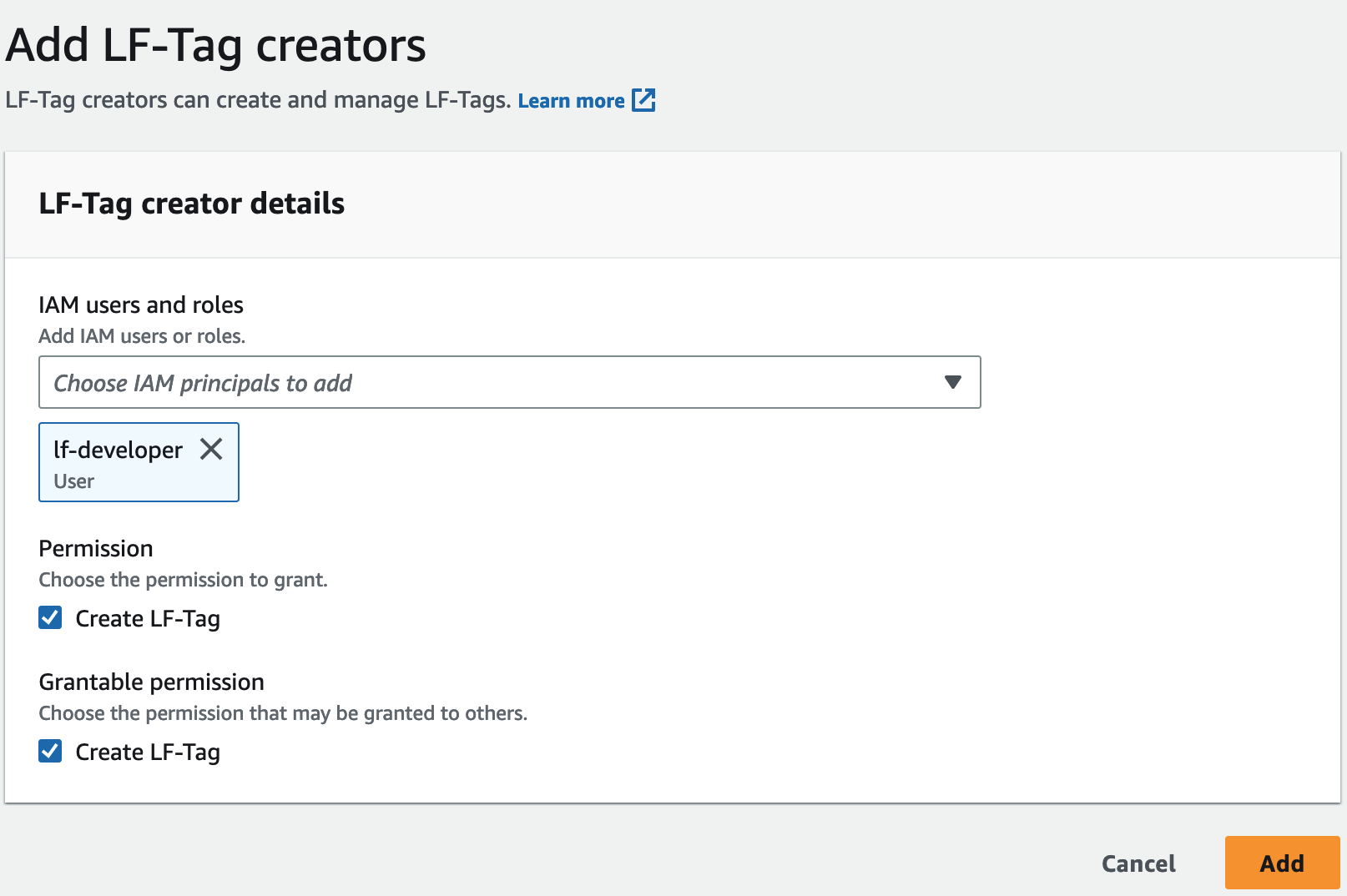 LF-Tag creator details form with Utilisateur IAM selection and permission options.