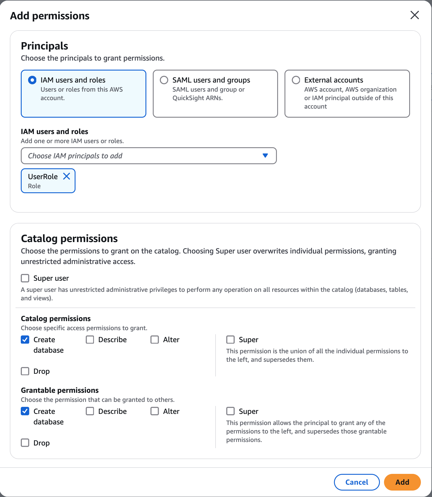 La page des autorisations du catalogue avec le type principal et les options de subvention.