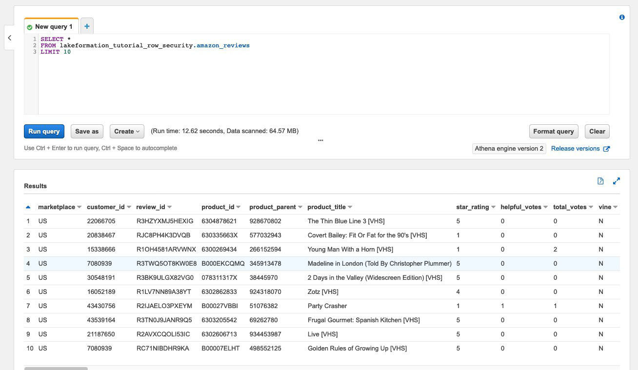 Query results showing 10 rows of Amazon product reviews for VHS tapes with various ratings.