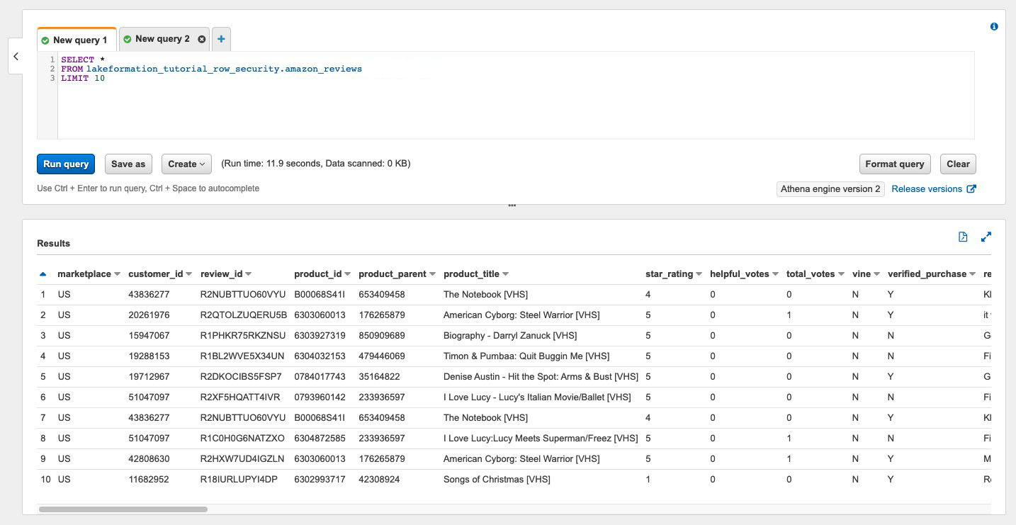 Query results showing 10 rows of Amazon product reviews data, including marketplace, ratings, and product titles.