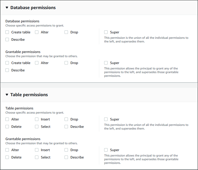 Deux sections de la page sont affichées. La section Autorisations de base de données contient des cases à cocher pour les autorisations de base de données et les autorisations pouvant être accordées. Sous la section Base de données, la section Autorisations relatives aux tables affiche les cases à cocher pour les autorisations relatives aux tables et aux autorisations pouvant être accordées.