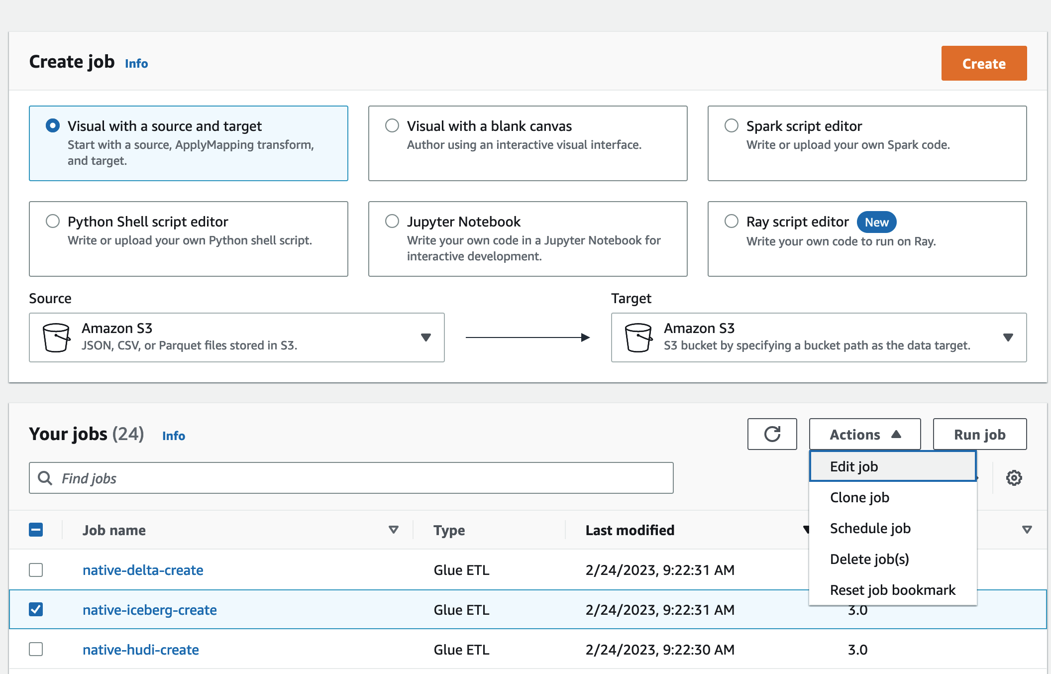 L'image est une capture d'écran de la page de AWS Glue travail dans la console.