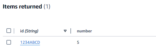 Élément de test (id 1234ABCD, numéro 5) ajouté à la table DynamoDB.