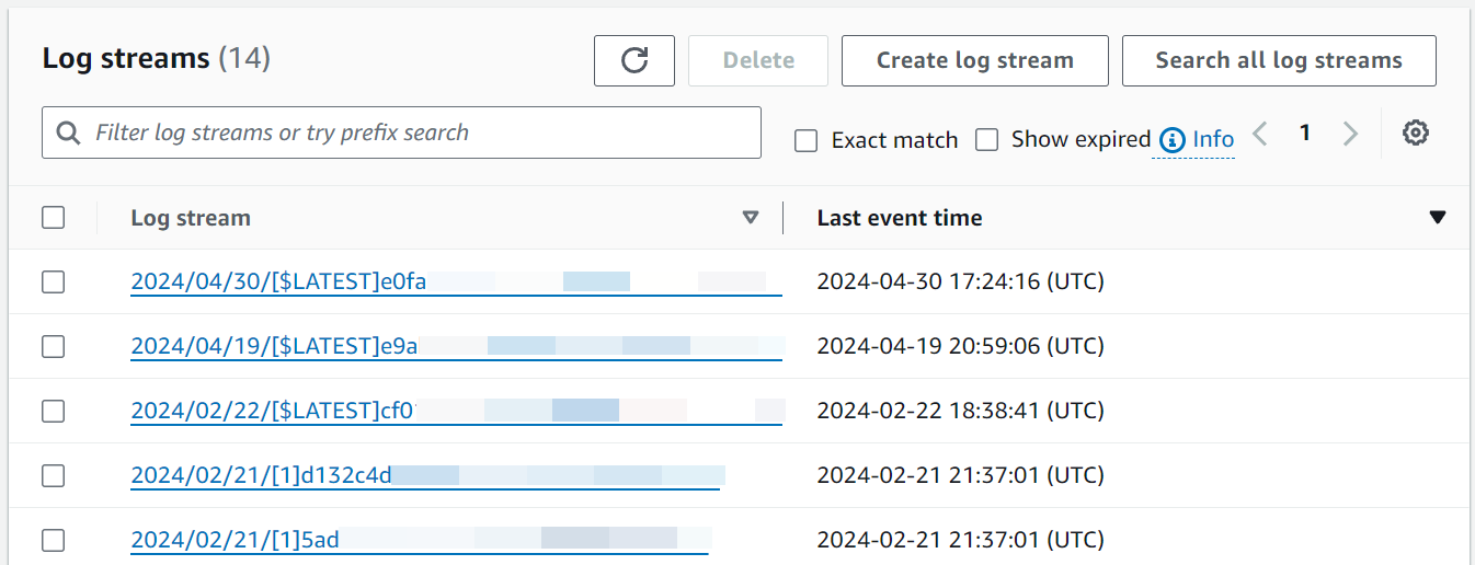 Liste des flux de log pour une fonction Lambda.