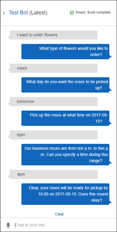 Une conversation avec le OrderFlowers bot expliquant comment la fonction Lambda valide les données.