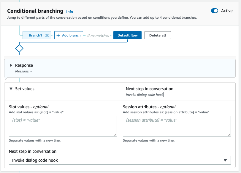 Branchement conditionnel indiquant un crochet de code comme étape suivante de la conversation.