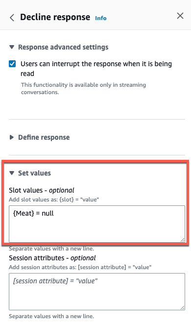 Définissez la valeur de slot à réobtenir sur null dans la zone des valeurs de slot de la section Définir les valeurs.