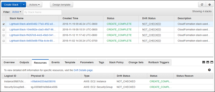 AWS CloudFormation détails de la pile.