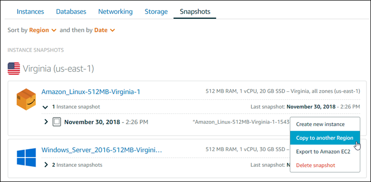 Copiez l'instantané vers une autre région dans la console Amazon Lightsail.