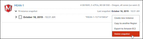 Supprimez un instantané dans la console Lightsail.