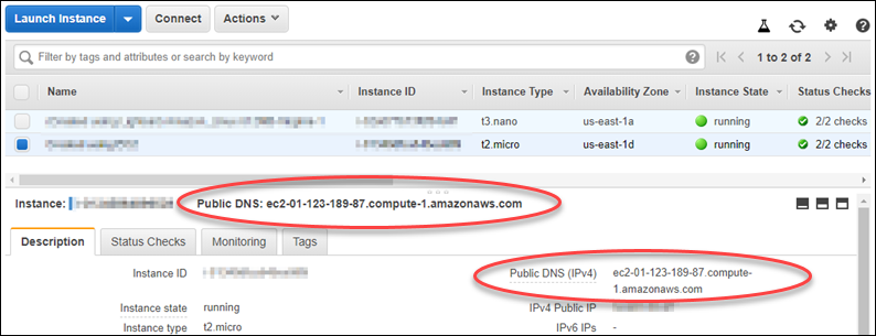 Une instance est publique DNS dans la EC2 console Amazon.