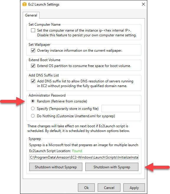 L'application Ec2Launch Settings sur les instances Windows Server 2016.