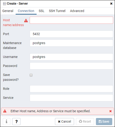 Formulaire de configuration de serveur pgAdmin