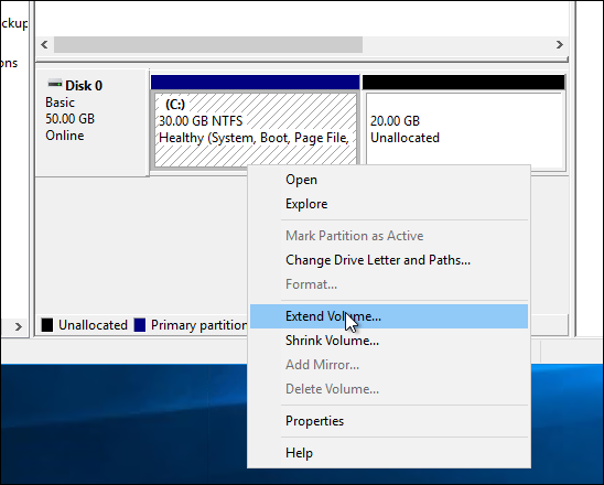 Extension du volume dans la gestion de disques Windows