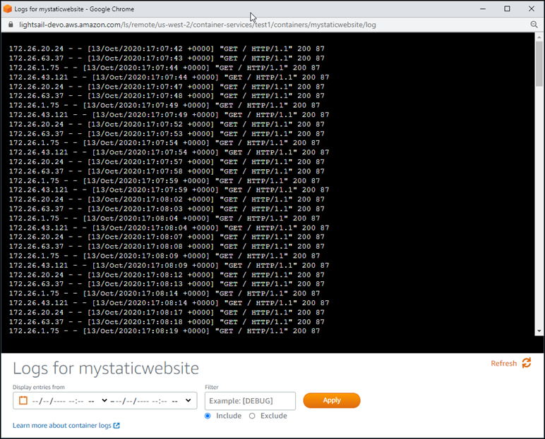 Journal du conteneur dans la console Lightsail