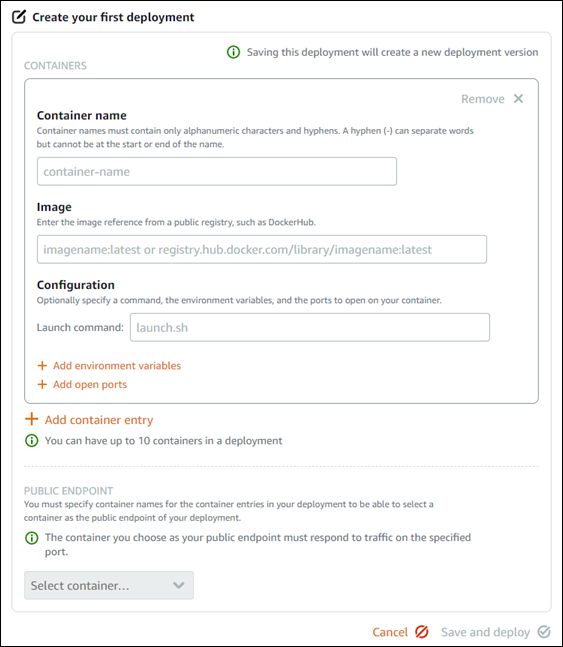 Formulaire de déploiement du service de conteneur dans la console Lightsail