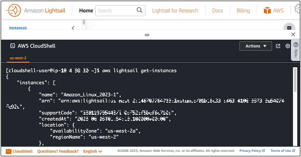 Sortie de commande Amazon Lightsail get API instances.