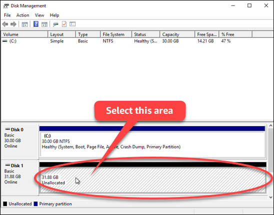 Disque non alloué attaché à votre instance Windows Server